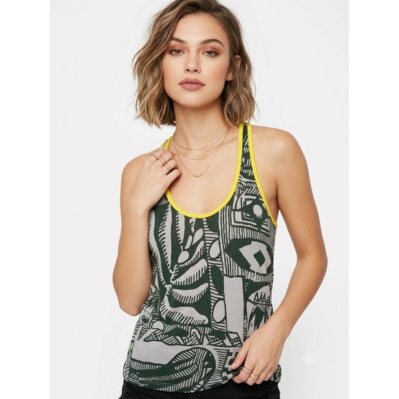 French Connection Tops - French Connection Denim Abstract Print Racerback Tank Top Green Yellow Medium